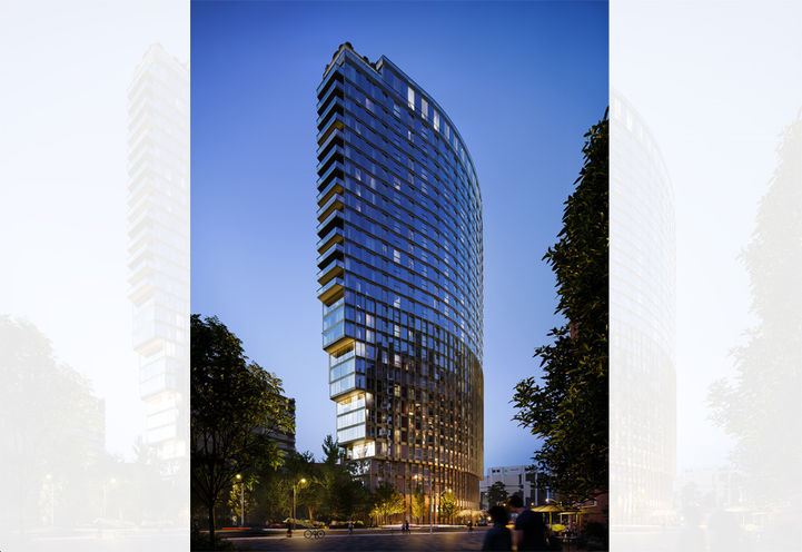 Looking up at Park Road Condos Tower Exteriors Early Rending