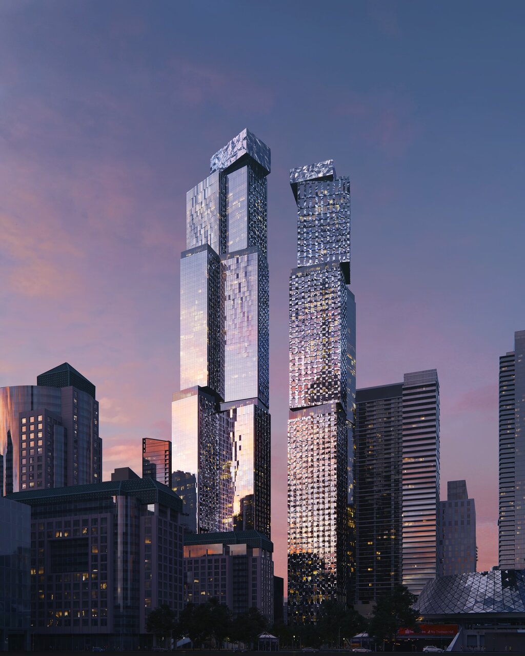 Looking north at dusk towards Gehry Towers, designed by Gehry Partners for Great Gulf, Dream, and Westdale Properties
