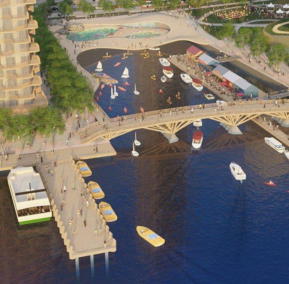 Aerial view of the Parliament Slip, designed by West 8 and DTAH for Waterfront Toronto