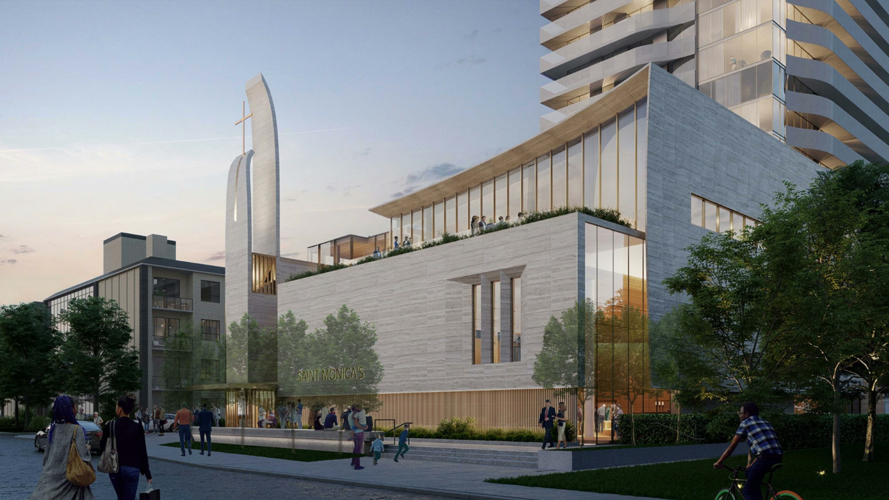 Looking north-west to St. Monicas Church on Broadway Avenue, designed by KPMB for Collecdev