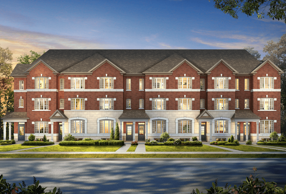 Model home rendering of townhomes with red bricks